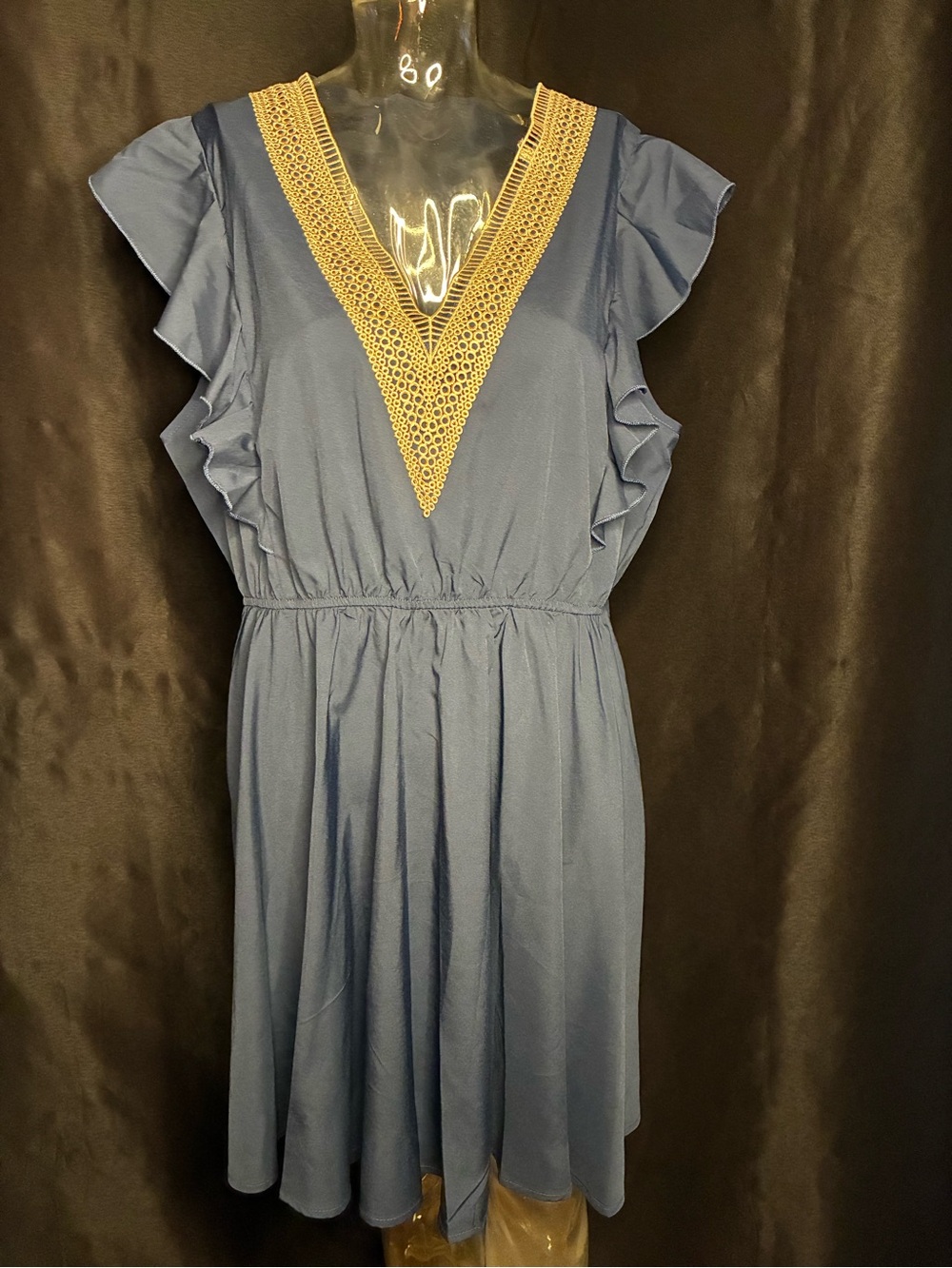 Blue V-Neck Ruffle Sleeve Dress with Ivory Trim